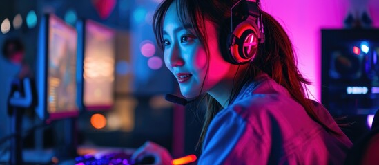 Asian vlogger streaming live and introducing online video game.