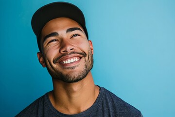 Young Man with Beard and Hat Smiling on Blue Background