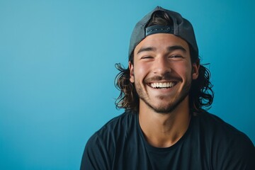 Man with Long Hair and Backwards Hat Laughing on Blue Background