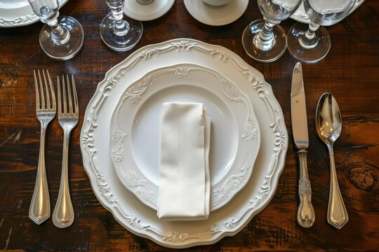 Elegant Table Setting with Fine China and Silverware on Wooden Table