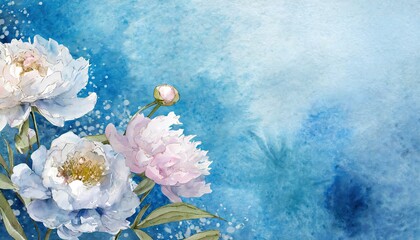 Fototapeta na wymiar The hand painted blue color watercolor flowers wallpaper for design.