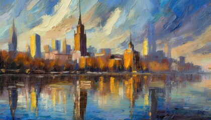 Fototapeta na wymiar Skyline city view with reflections on water. Original oil painting on canvas.
