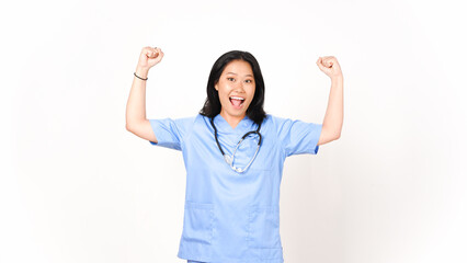 Young Asian female doctor showing strong arms isolated on white background