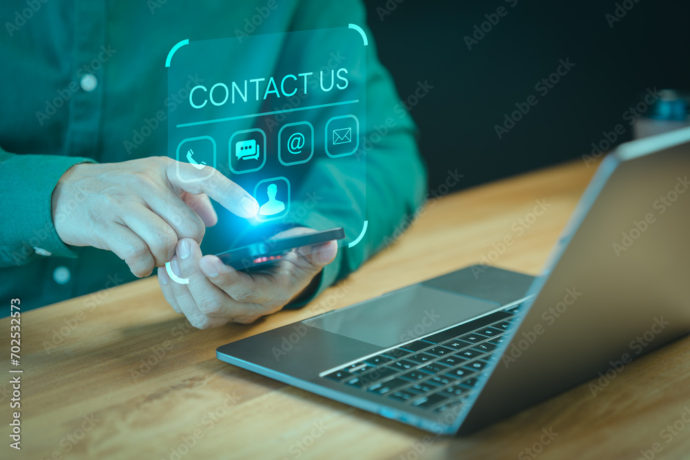 Poster contact us support hotline, people connect. user man use a smartphone with virtual screen member con
