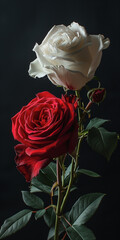 white and red roses are on a dark background