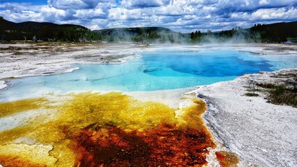 Colorful geysers hot springs in Yellowstone National Park, Wyoming Montana. Northwest. Yellowstone...