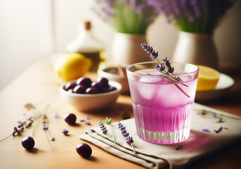 Stunning Lavender cocktail Purple drink in a glass on white background with ice and lavender...