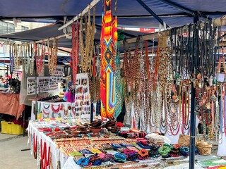 Otavalo, Ecuador  10-18-2023  Views of the colorful indigenous market which includes handmade items like ponchos, sweaters, and shawls.