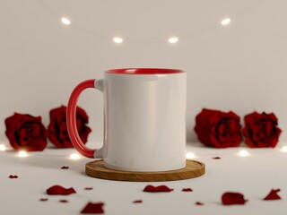 11 oz White and Red Ceramic Mug Mock Up with Bright Lights Unfocused on a Plain White Background with Red Roses as 3D Rendering