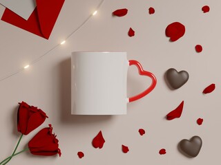 Flat lay of a 11 oz white and red heart shaped handle coffee cup with copy space for logo, text or design on a plain white background with red roses, petals, chocolates, lights and envelope. 3D Render