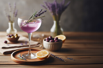 Stunning Lavender cocktail Purple drink in a glass on white background with ice and lavender flowers. Iced cold summer drink, lemonade.