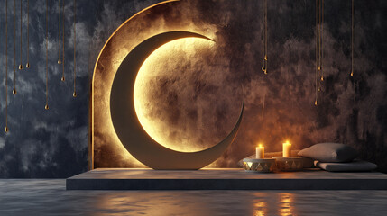 Arabic Ramadan crescent on modern wall background. Design creative concept of islamic celebration day ramadan kareem or eid al fitr adha, copy space text area, neon lights, 3D illustration. - obrazy, fototapety, plakaty