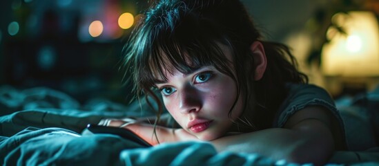 Sad teen girl resting on bed, staring at phone in her home. - obrazy, fototapety, plakaty