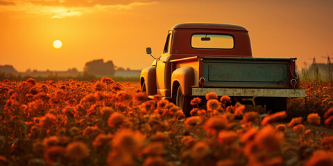 Vintage pickup truck filled with pumpkins in a golden cornfield at sunset
