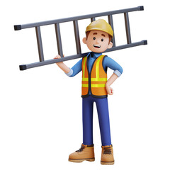 3D Construction Worker Character Carrying Ladder on Shoulder