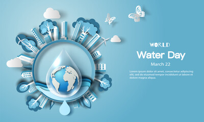 World Water Day, save water, a water drop with trees and a city. Paper illustration and 3d paper.