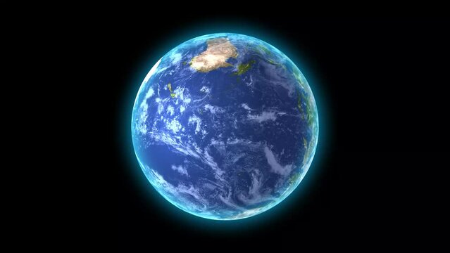 Seamless loop footage of planet earth whole round 3D orbital rotation with black background. 360 degree spinning globe sphere with realistic geography.