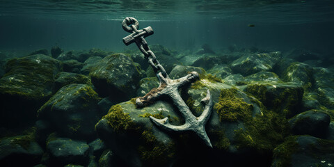 An anchor lies submerged in the ocean's depths, a silent guardian of the sea