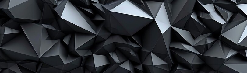 Abstract black crystal background, faceted texture, macro panorama, wide panoramic polygonal wallpaper