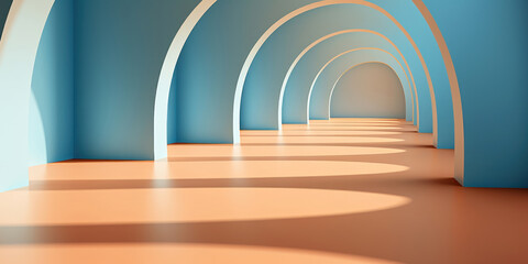 Corridor with arches painted in a spectrum of warm hues, leading to a vanishing point