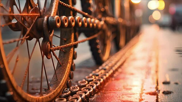 Closeup of a rusted bike chain, a reminder of the harsh weather conditions faced by city commuters.