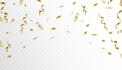 Confetti explosion on transparent background. Pieces of shiny gold paper flying and spreading. rotating. vector illustration - obrazy, fototapety, plakaty