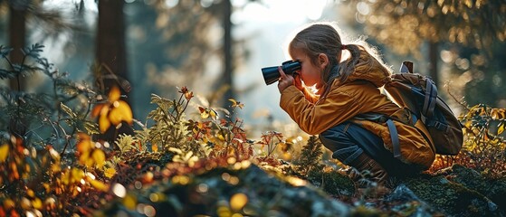 A young person observing the forest and its creatures through binoculars. - Powered by Adobe
