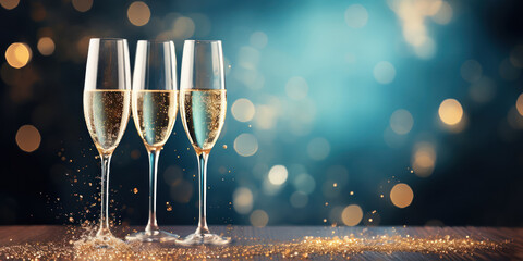 Pair of crystal glasses with sparkling wine against a dreamy blue backdrop with silver lights - obrazy, fototapety, plakaty