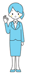 水色｜OKマークのスーツの女性｜全身