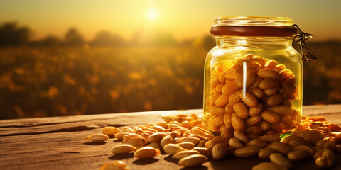 Jar with a golden spread, lid afloat, with peanuts caught in a sunbeam - obrazy, fototapety, plakaty