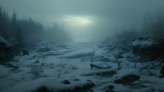 air is still and a chill pervades the desolate landscape the frozen silence a haunting warning of soing sinister lurking beyond.