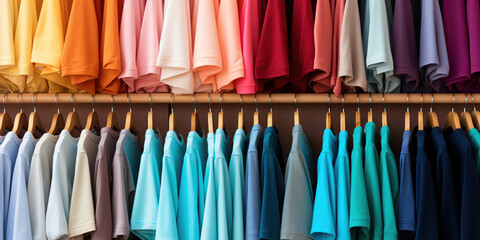 Cascade of colorful tees arranged neatly, inviting a vibrant selection