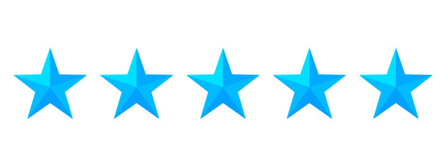 Five blue stars each with a 3D effect for high ranking or rating category reviews - obrazy, fototapety, plakaty