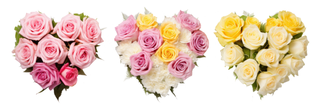 Isolated heart shapes with pink, yellow, cream and white roses. Multicolor flower love hearts with green floral ornaments on transparent background. Generative AI.
