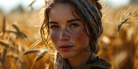 Beautiful Middle Eastern Woman with Freckled Face, Wearing Headscarf in Wheat Field with Glowing Sunlight Effect