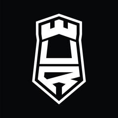 UR Letter Logo monogram hexagon shield shape up and down with crown castle isolated style design