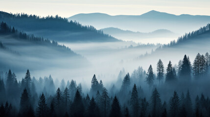 A serene blue-toned forest landscape enveloped in morning mist, with layers of mountains fading into the distance. - obrazy, fototapety, plakaty