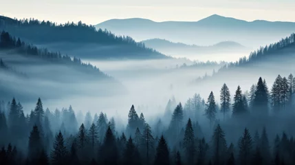 Foto op geborsteld aluminium Mistig bos A serene blue-toned forest landscape enveloped in morning mist, with layers of mountains fading into the distance.