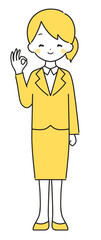 黄色｜OKマークのスーツの女性｜全身
