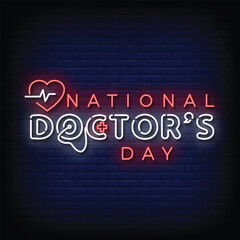 Neon Sign national doctors day with brick wall background vector