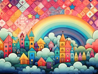 Whimsical fairytale quilt with castle, patchwork style, rainbow colors, background illustration