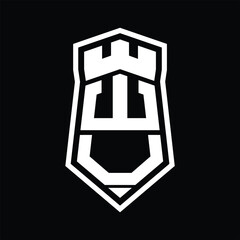 WU Letter Logo monogram hexagon shield shape up and down with crown castle isolated style design