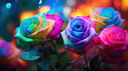 Fototapeta na wymiar A bouquet of multicolored roses vibrant against a blurred background with bokeh lights.