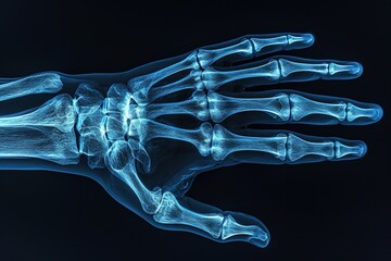 x ray image of hand, film image of man, concept, medicine, injury, physical examination Blue background.illustration - obrazy, fototapety, plakaty