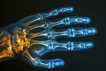 x ray image of hand, film image of man, concept, medicine, injury, physical examination Blue background.illustration