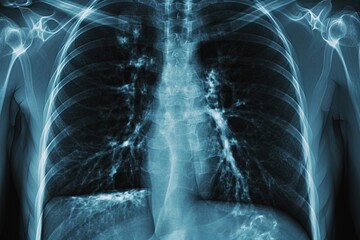 X-ray image of lungs, human body, film image, chest of a man, medical concept, physical examination blue background - obrazy, fototapety, plakaty