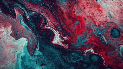 red and turquoise abstract colorful psychedelic organic liquid paint ink marble texture background. dark fluent surface wave motion mix random pattern. creativity flow painting coincidence concept.
