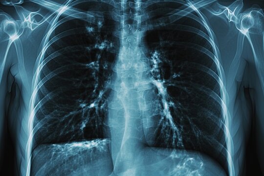 X-ray image of lungs, human body, film image, chest of a man, medical concept, physical examination blue background