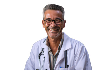 Fototapeta premium Smiling professional older man doctor wears white coat, glasses and stethoscope looking at camera. Happy bearded senior physician or therapist with dental smile posing for close up head shot portrait.