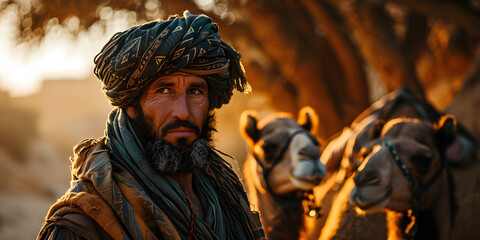 Middle eastern man with his camels in the desert at sunset